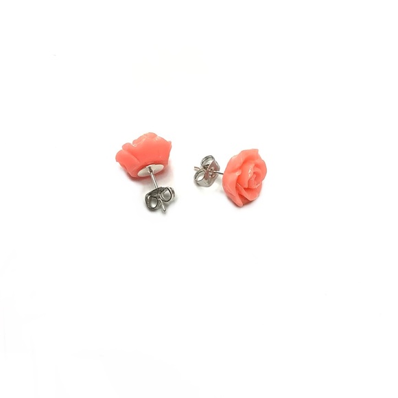 Coral Orange/Pink Rose Flower Stud Earrings - Picture 4 of 7